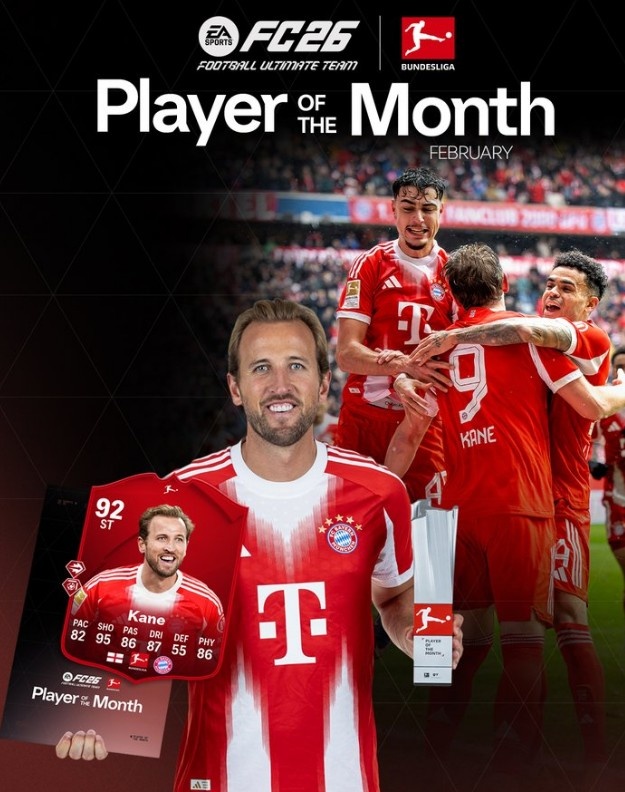 开云中国-4场7球1助攻，德甲官方：凯恩当选联赛2月份最佳球员